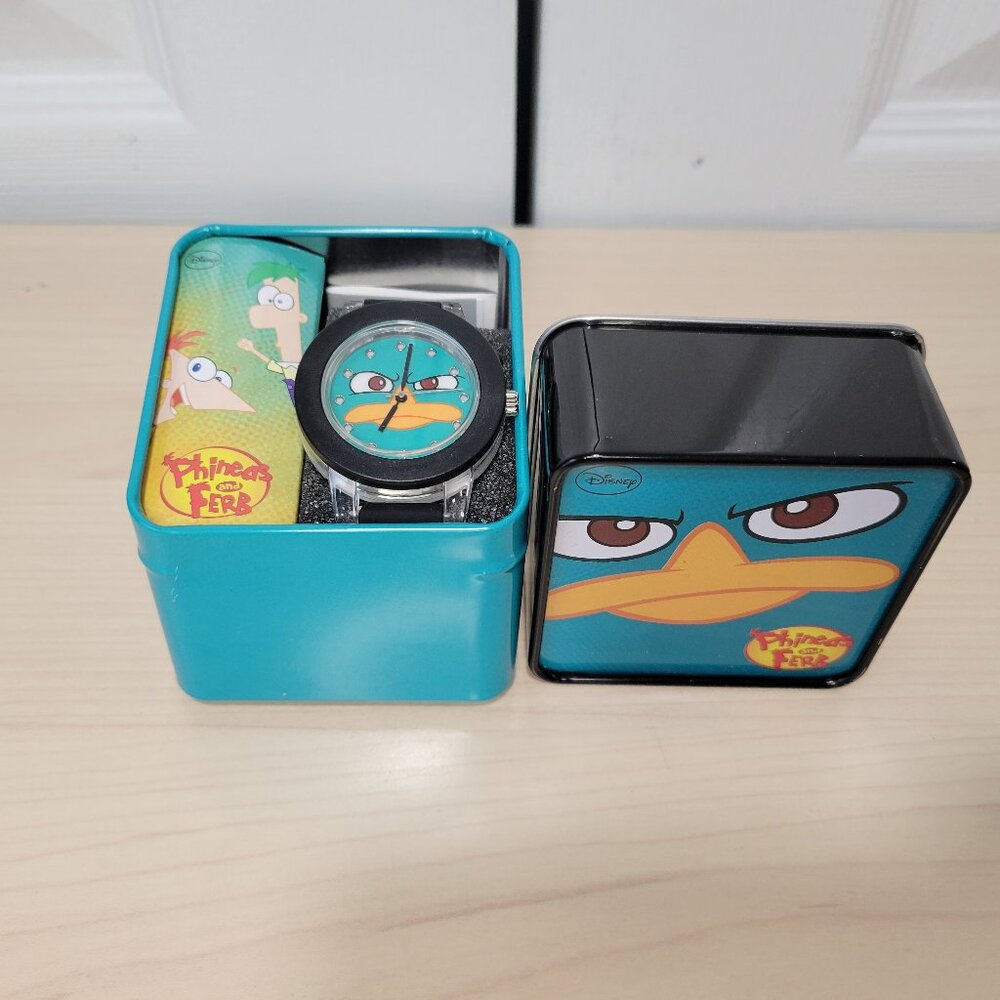 DISNEY Phineas Ferb Light-Up Analog Black Rubber Band Watch & Collectible Tin